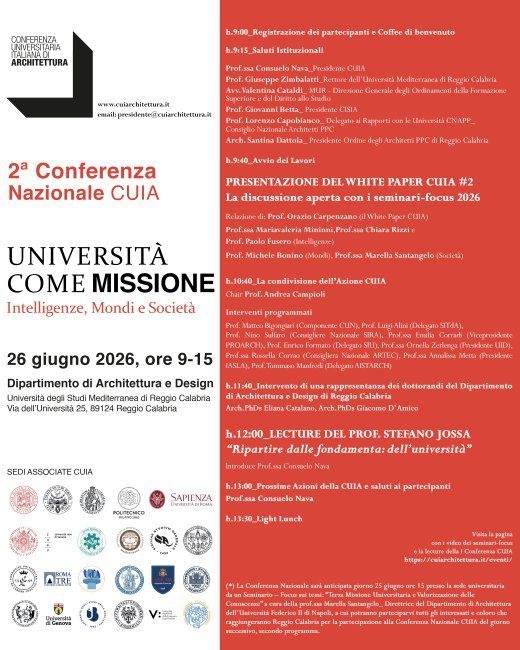2nd National Conference of the Italian Universities of Architecture (CUIA): "The University as a Mission" 2026